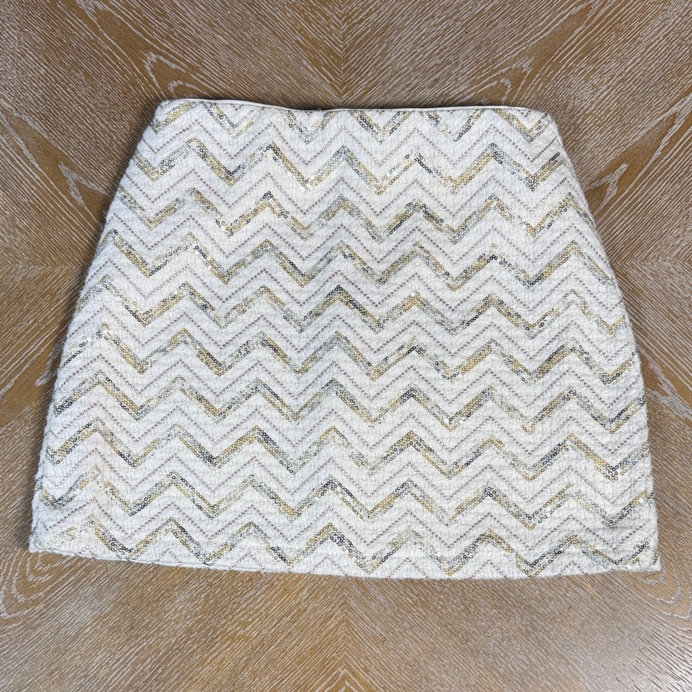 STORIA Cream and Gold Chevron Sequins Mini Skirt M